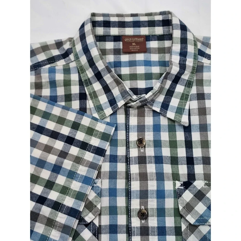 Great Northwest Mens XL‎ Plaid Short Sleeve Button Down Shirt Blue Green Cotton
